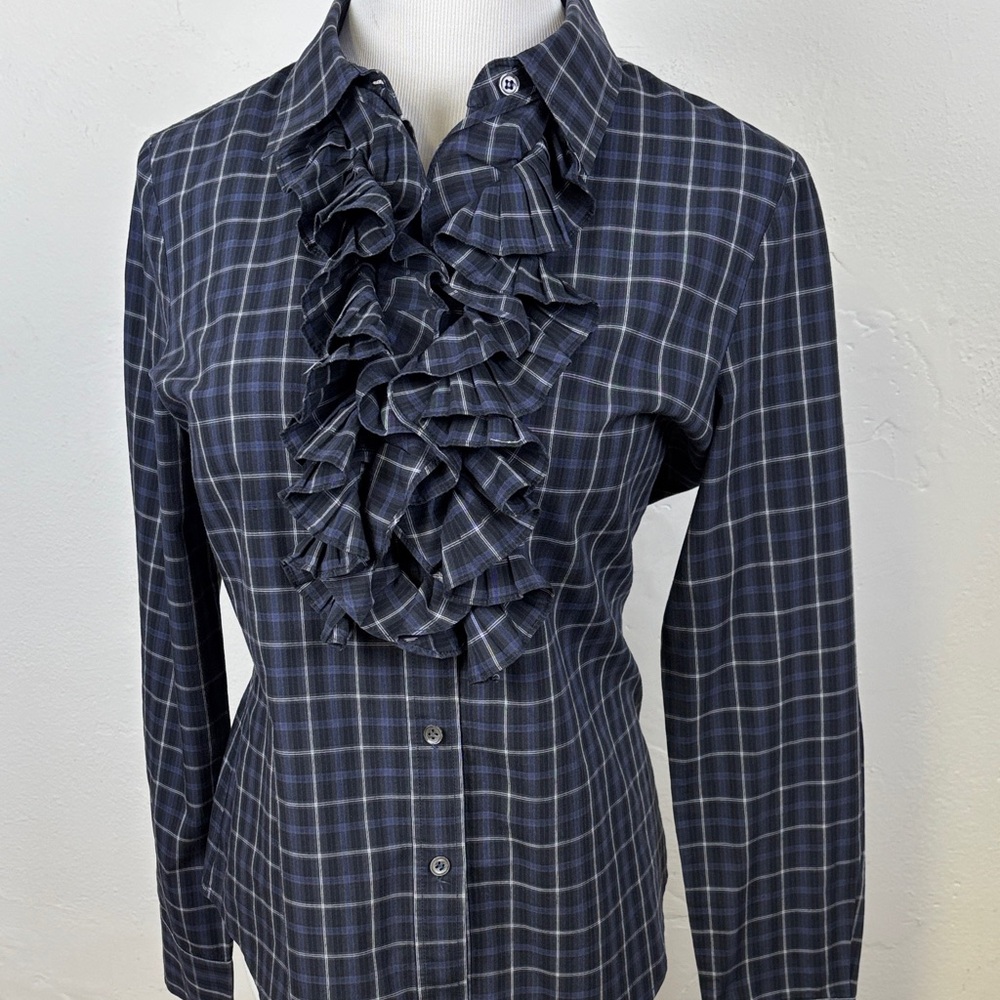 Theory Navy Plaid Ruffle Blouse